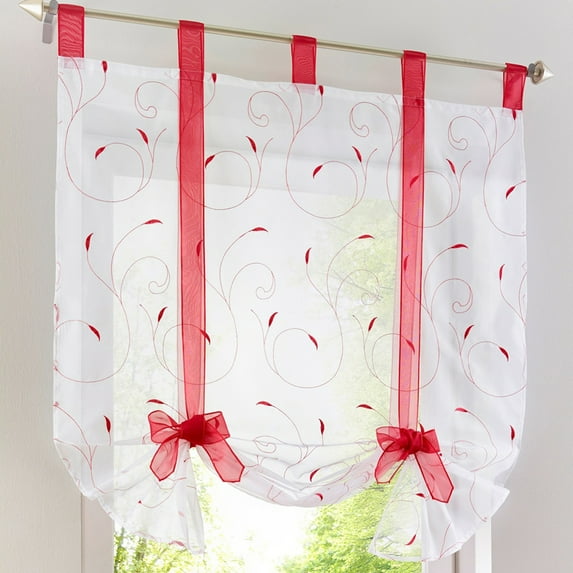 Goory Single Curtain Panel Embroidery Floral Short Window Curtain Tie Up Voile Window Drape Sheer Cafe Tier Tulle Kitchen Scarf Bathroom Valance Red W:39"x L:55"