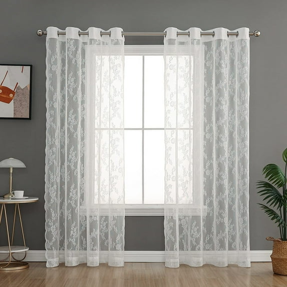 Goory Single Curtain Panel Eyelet Ring Top Voile Window Curtain Floral Tulle Window Drape Grommet Sheer Curtain Valance White W:55"x L:96"