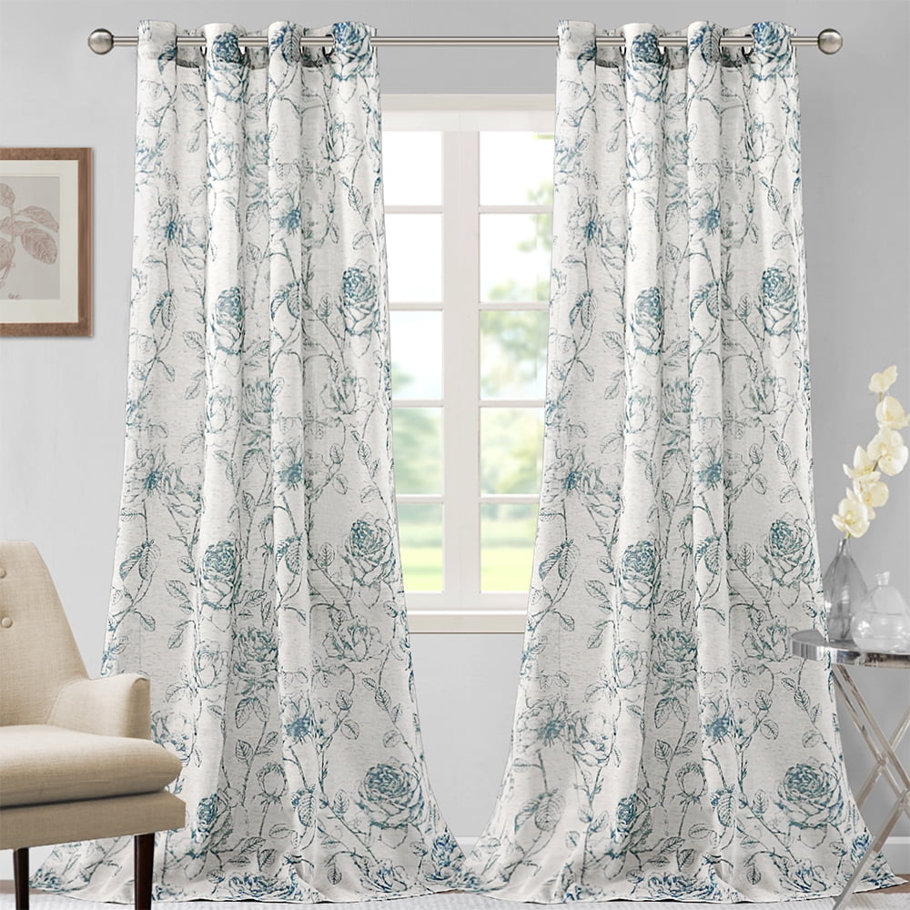 Goory Window Curtain Grommet Voile Semi Sheer Floral Print Curtains Light  Filtering Living Room Luxury Home Decor Long Treatments Green 52 x 108 in 