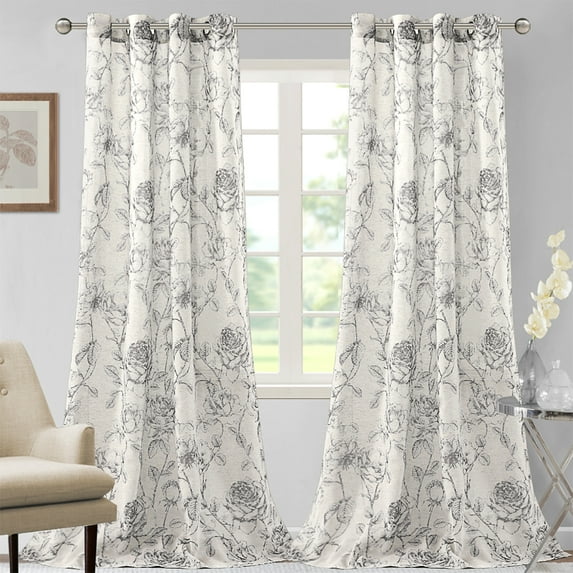 Goory Window Curtain Grommet Voile Semi Sheer Floral Print Curtains Light Filtering Living Room Luxury Home Decor Long Treatments Gray 52 x 84 in