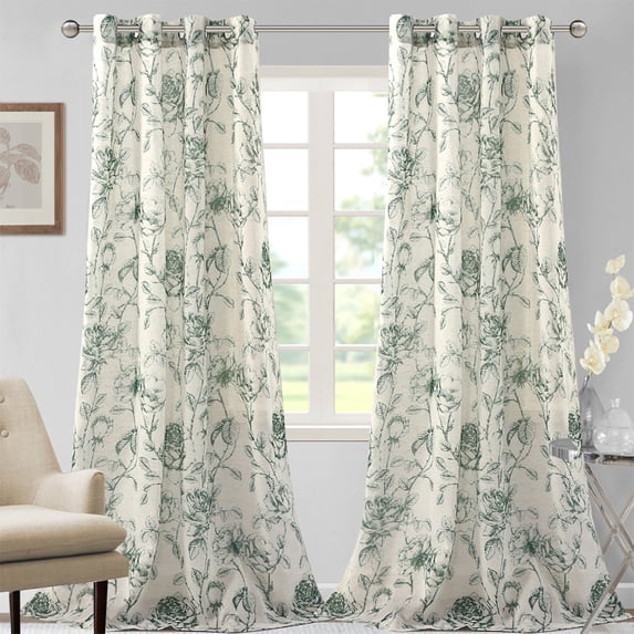Goory Window Curtain Grommet Voile Semi Sheer Floral Print Curtains Light Filtering Living Room Luxury Home Decor Long Treatments Green 52 x 63 in