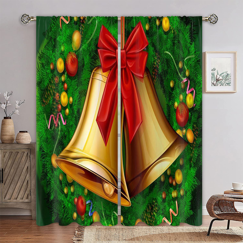 Goory Xmas Floral Print Treatments Christmas Curtains Bells Bow Kitchen