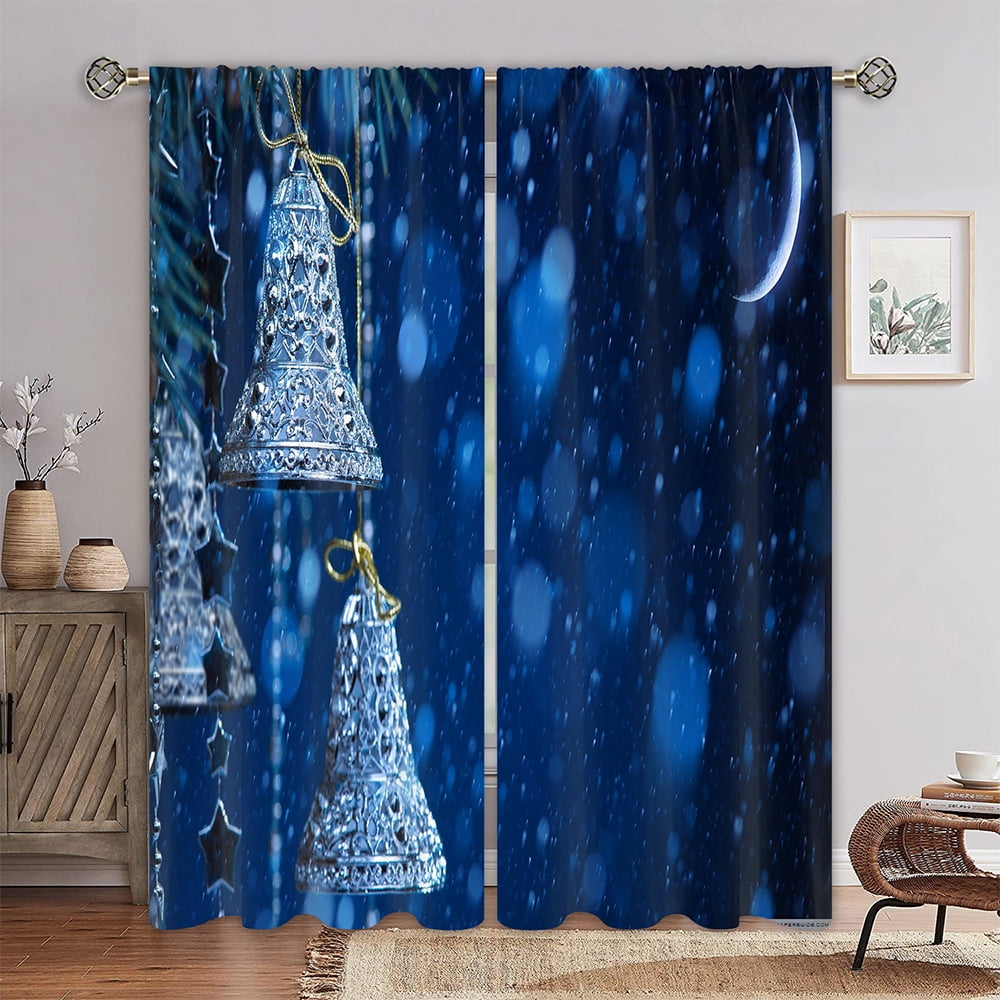 Goory Xmas Red Gold Treatments Window Curtain Bells Bow Bedroom Home