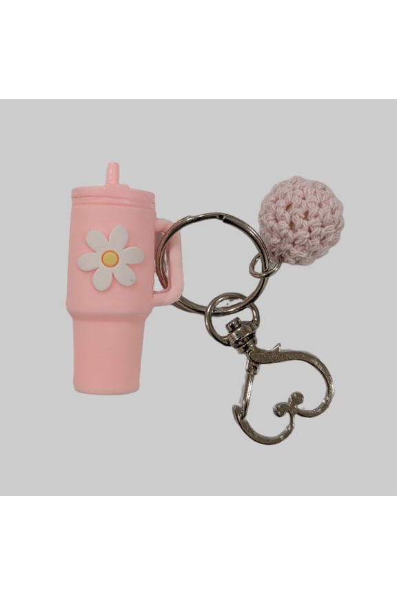 Custom Silicone Tumbler Keychain with Daisy Flower Charm – With Tassel or with Crochet Ball, Light Pink