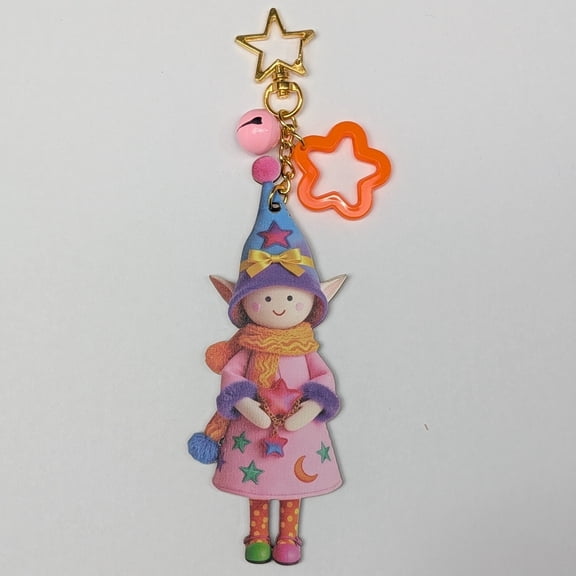 Goosavvy Wood Composite Design Elf Character Bell Golden Star Hook Keychain, Light Pink