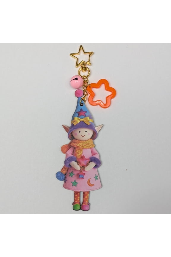 Wood Composite Design Elf Character Bell Golden Star Hook Keychain, Light Pink