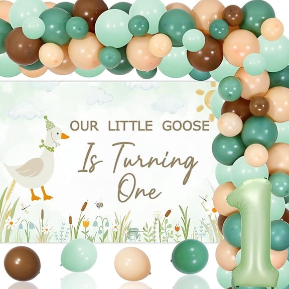 Goose 1st Birthday Decorations Green Our Little Goose is Turning One Backdrop Number 1 Foil Balloon and Balloon Garland Arch Kit for Boys Girls First Birthday Party Supplies
