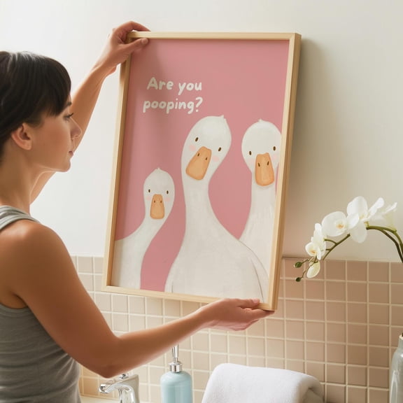 Goose Bathroom Print, Pink Whimsical Wall Decor, Are You Pooping Poster, Unframed Paper Poster 8x10in