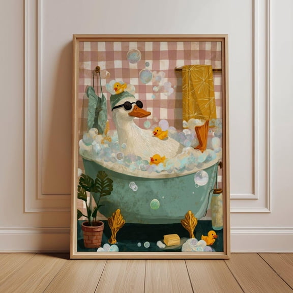 Goose Bathroom Wall Art, Funny Bathtub Poster, Rubber Duck Print, Whimsical Animal Decor, Powder Room Gift, Kids Washroom Artwork, Poster Only