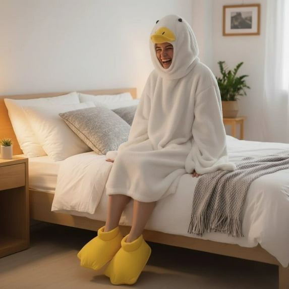 Goose Blanket Hoodie Adult Oversized Warm Duck Wearable Hoodie Blanket with Sleeves,Cozy Sleeping Bag(White,Medium)