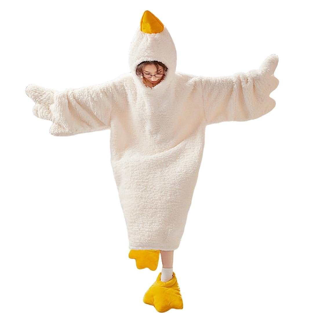 Goose Blanket Hoodie Onesie with Sleeves and Goose Feet Slippers, Fleece Oversized Wearable Blanket Hoodie