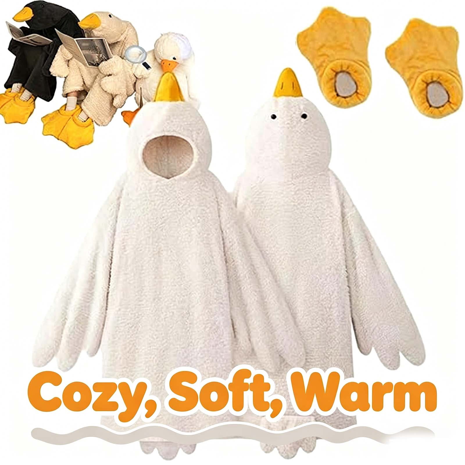 Goose Blanket Hoodie - Plush Duck Pajamas, Wearable Goose Blanket Hoodie Onesie Duck Oversized Blankets Hooded - White, XL