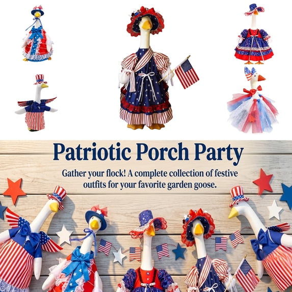 Goose Clearance! 4th of July Patriotic Porch Goose Outfits Team Set, 23" Garden Greeting Goose Statue Outfit, Independence Memorial Day Goose Costume for Garden Patio, 4th of July Decoration