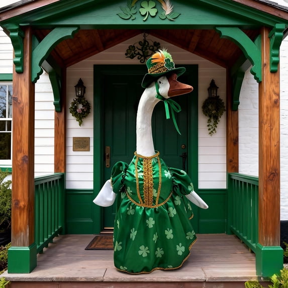 Goose Clearance! YZEGDCH Porch Goose Spring Outfits 23"Goose Statue Costume St. Patrick Easter Porch Garden Yard Lawn Decor