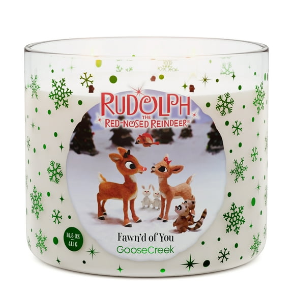 Goose Creek Rudolph Fawn'd of You 3-wick Christmastown Fir, Shiny Red Apple, and Holiday Spice Scented Jar Candle, 14.5oz