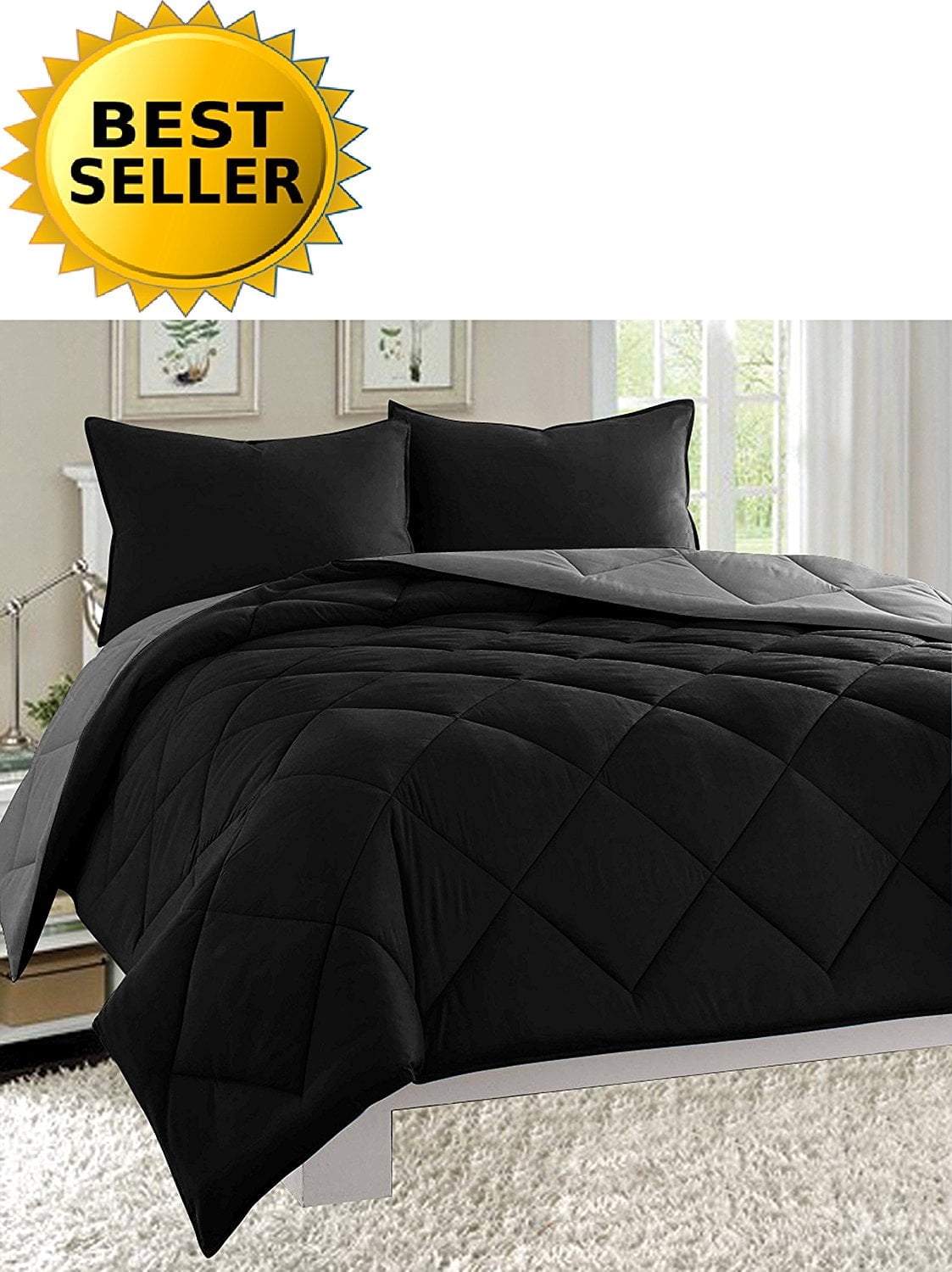 Goose Down Alternative 3pc Comforter Set-King/Cal King, Black/Gray