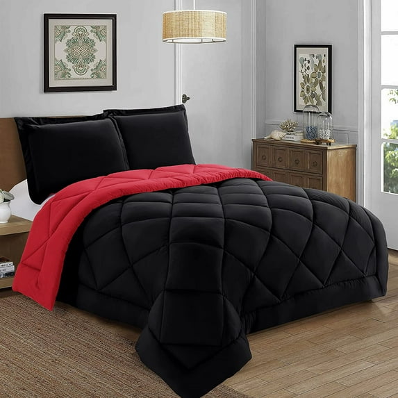 Goose Down Alternative 3pc Comforter Set- King/California King, Black/Burgundy