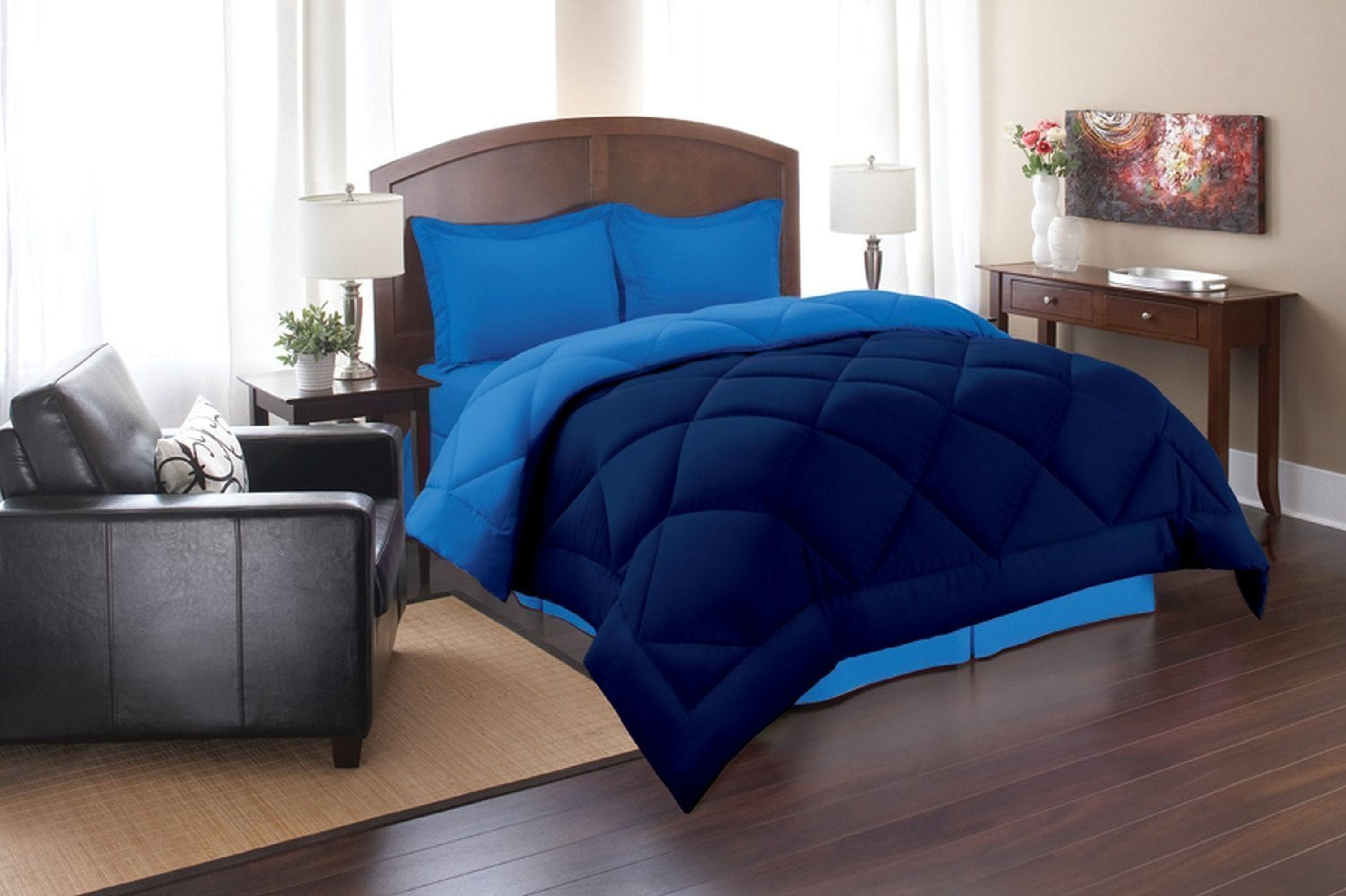 Full Navy Blue Microfiber Down Alternative Reversible Comforter Set