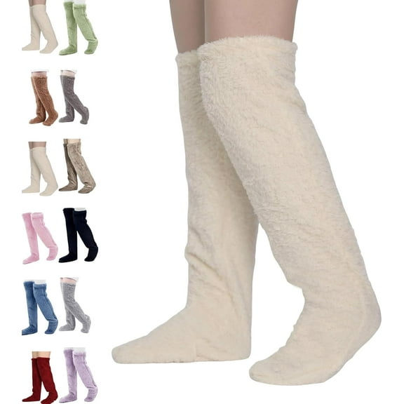 Goose Down Christmas Socks, Fuzzy Thigh High Over The Knee Warm Socks for Cold Weather, Plush Holiday Gift Socks for Women