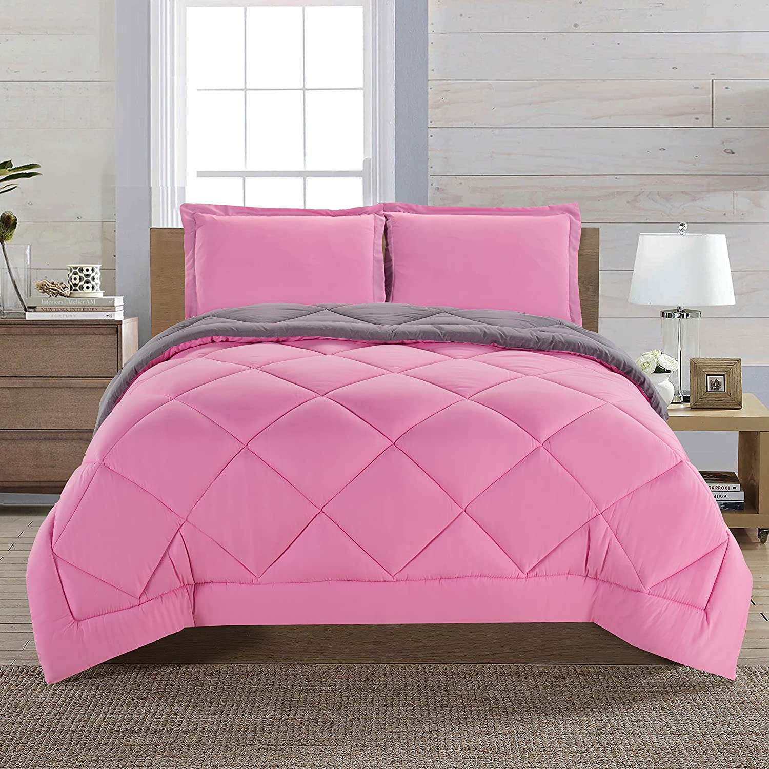 Goose Down Close Out Deal , 3pc Comforter Set-King/Cal King, Pink/Gray
