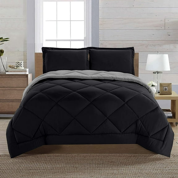 1500 Collection Reversible Down Alternative Comforter, All-Season, Full/Queen, Black/Gray