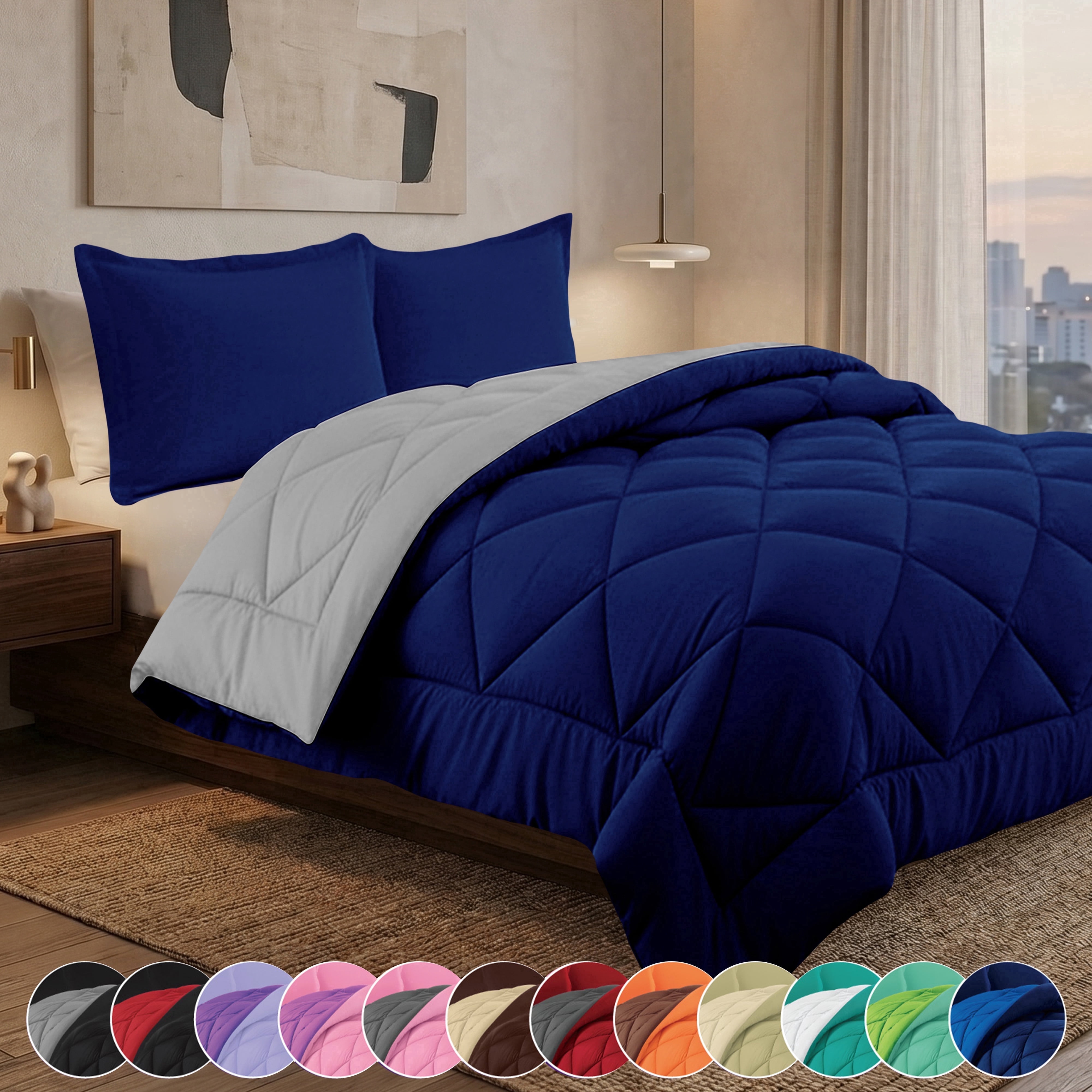 Elegant Comfort Classic Collection Luxury Power Reversible Comforter, Navy/Silver Diamond-Stitching Bedding Set, Full/Queen