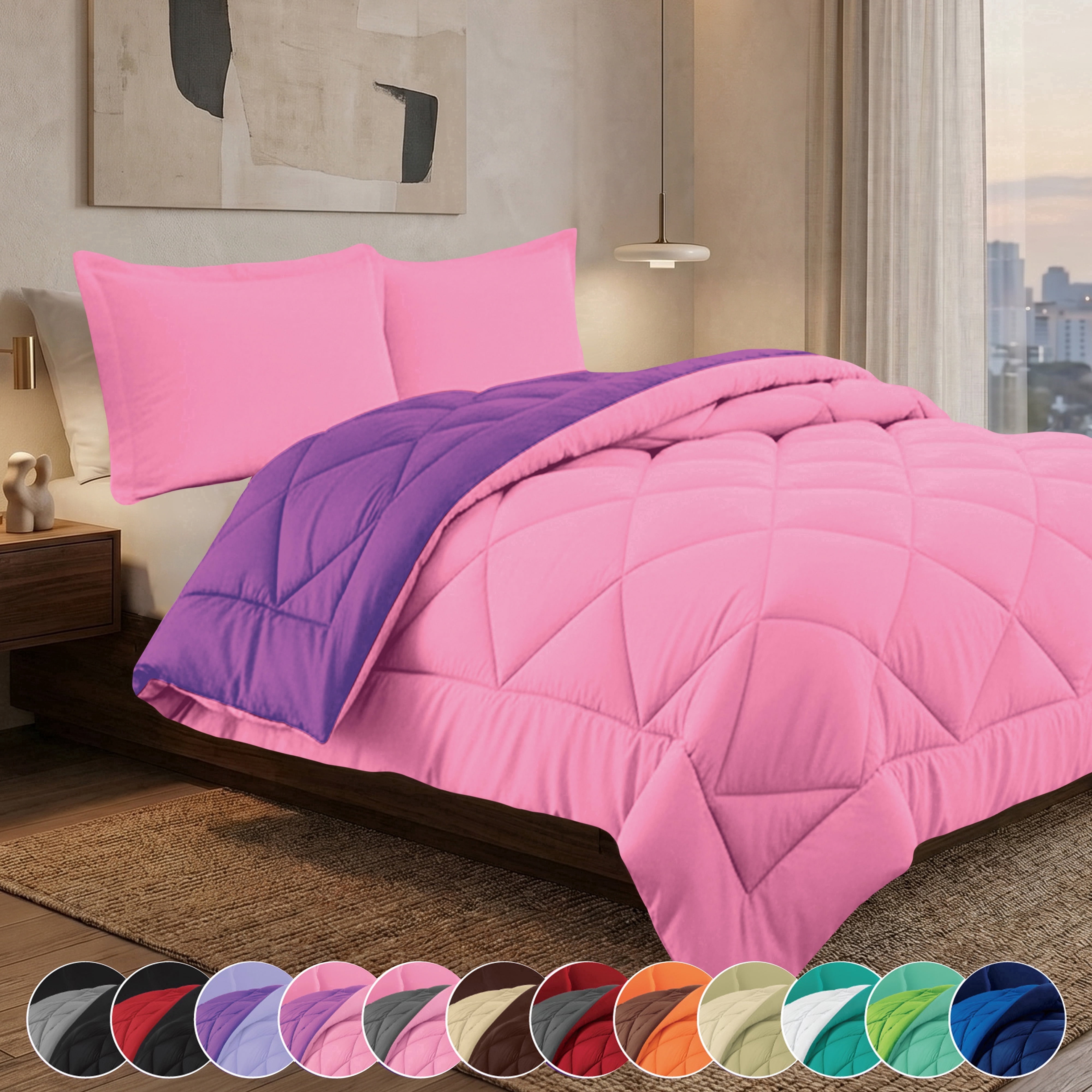Elegant Comfort Reversible Down Alternative Comforter Set, Soft Microfiber All-Season Bedding, Lightweight Wrinkle & Fade Resistant Comforter, Full/Queen, Pink/Purple