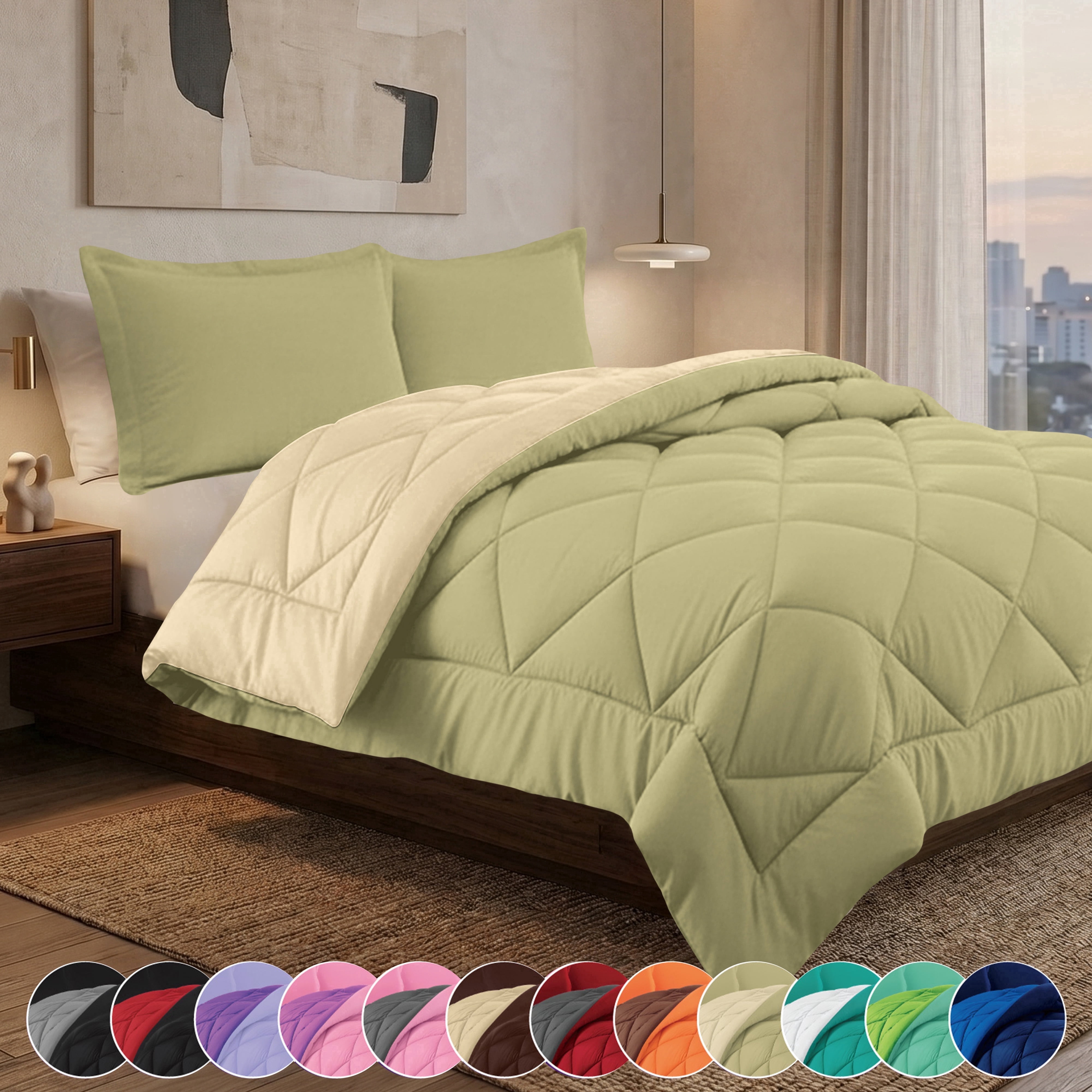Elegant Comfort Reversible Down Alternative Comforter Set, 1500 Collection Soft Microfiber All-Season Bedding, Full/Queen, Sage/Cream