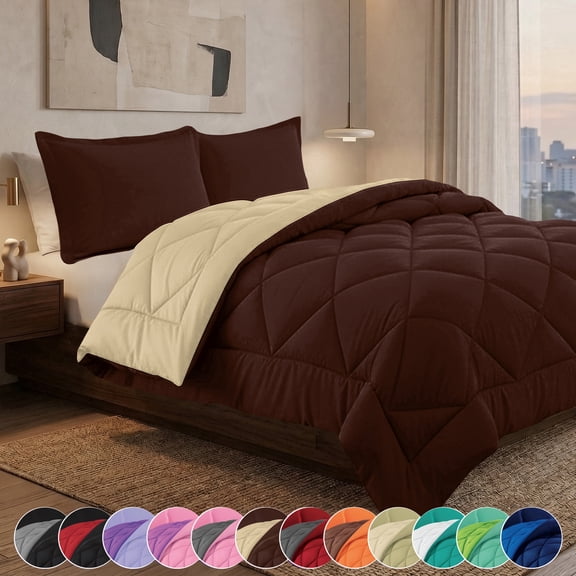 Elegant Comfort Reversible Down Alternative Comforter Set, Soft Microfiber All-Season Bedding, Lightweight Wrinkle & Fade Resistant Comforter,King/Cal King, Brown/Cream