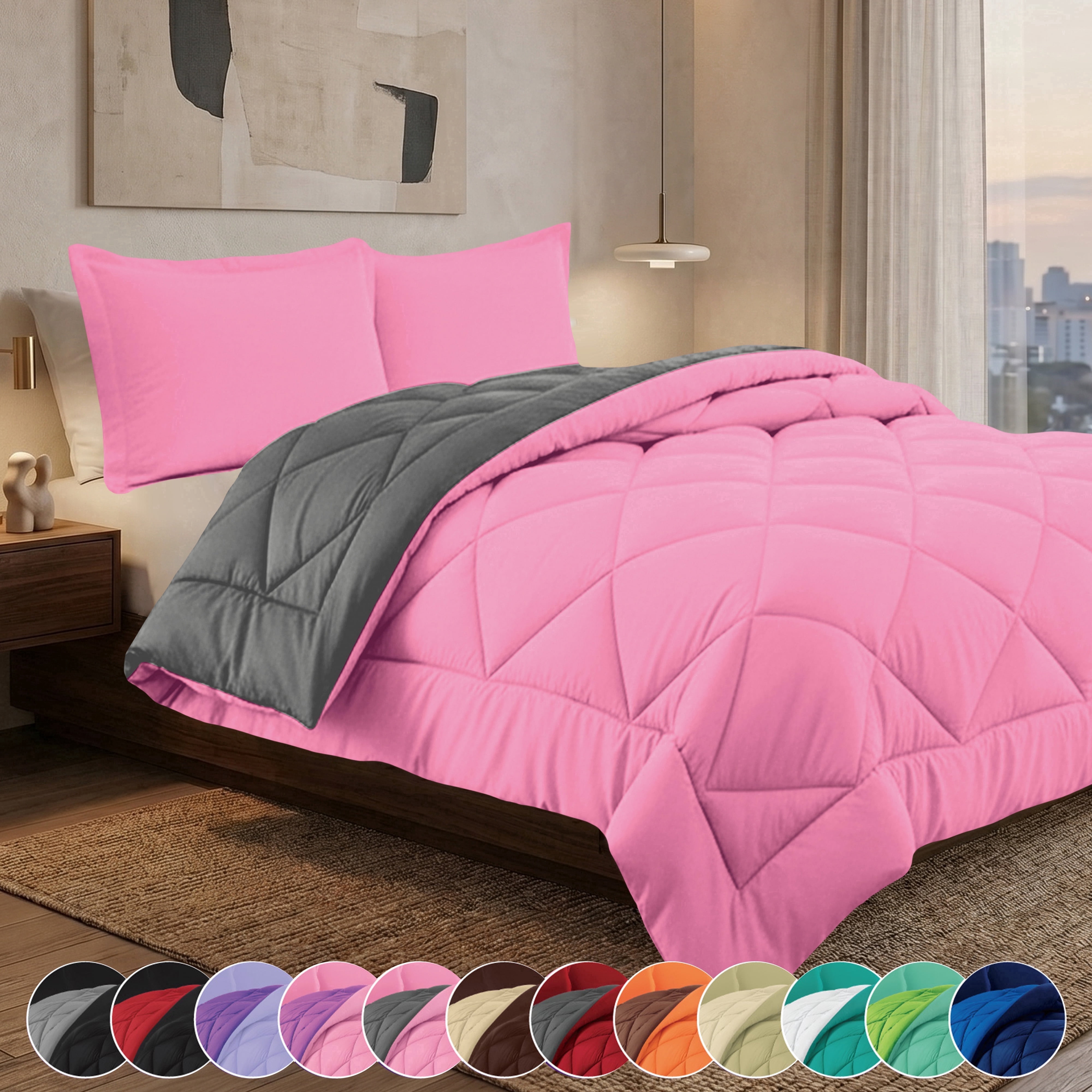 Elegant Comfort Reversible Down Alternative Comforter Set, Soft Microfiber All-Season Bedding, Lightweight Wrinkle & Fade Resistant Comforter, Twin/Twin XL, Pink/Gray