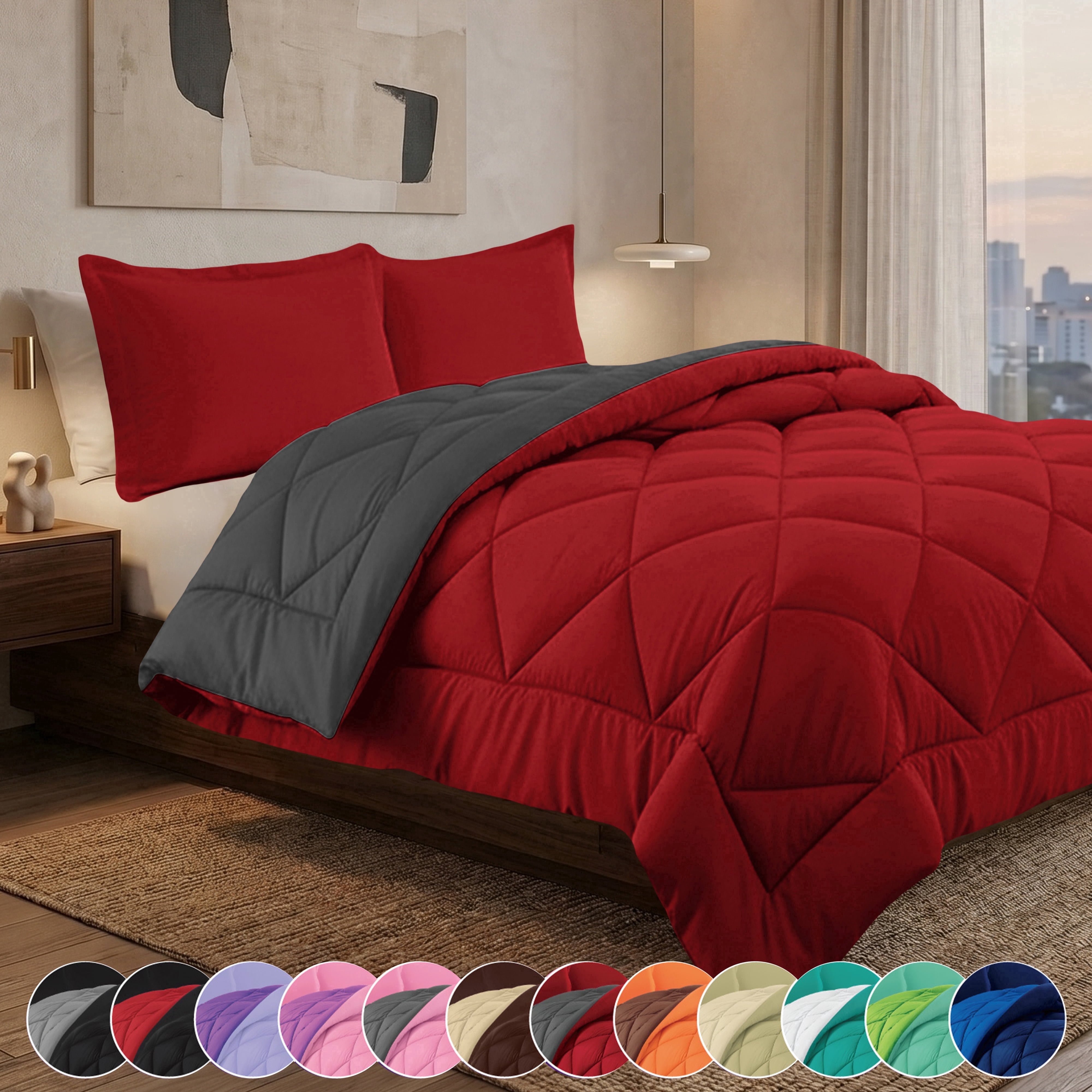 Elegant Comfort Reversible Down Alternative Comforter Set, Soft Microfiber All-Season Bedding, Lightweight Wrinkle & Fade Resistant Comforter, Twin/Twin XL, Red/Gray