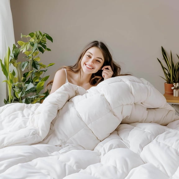 Goose Down Feather Fiber Comforter - All Season Duvet Insert with Organic Cotton Fabric, Ultra Soft, Medium Warmth