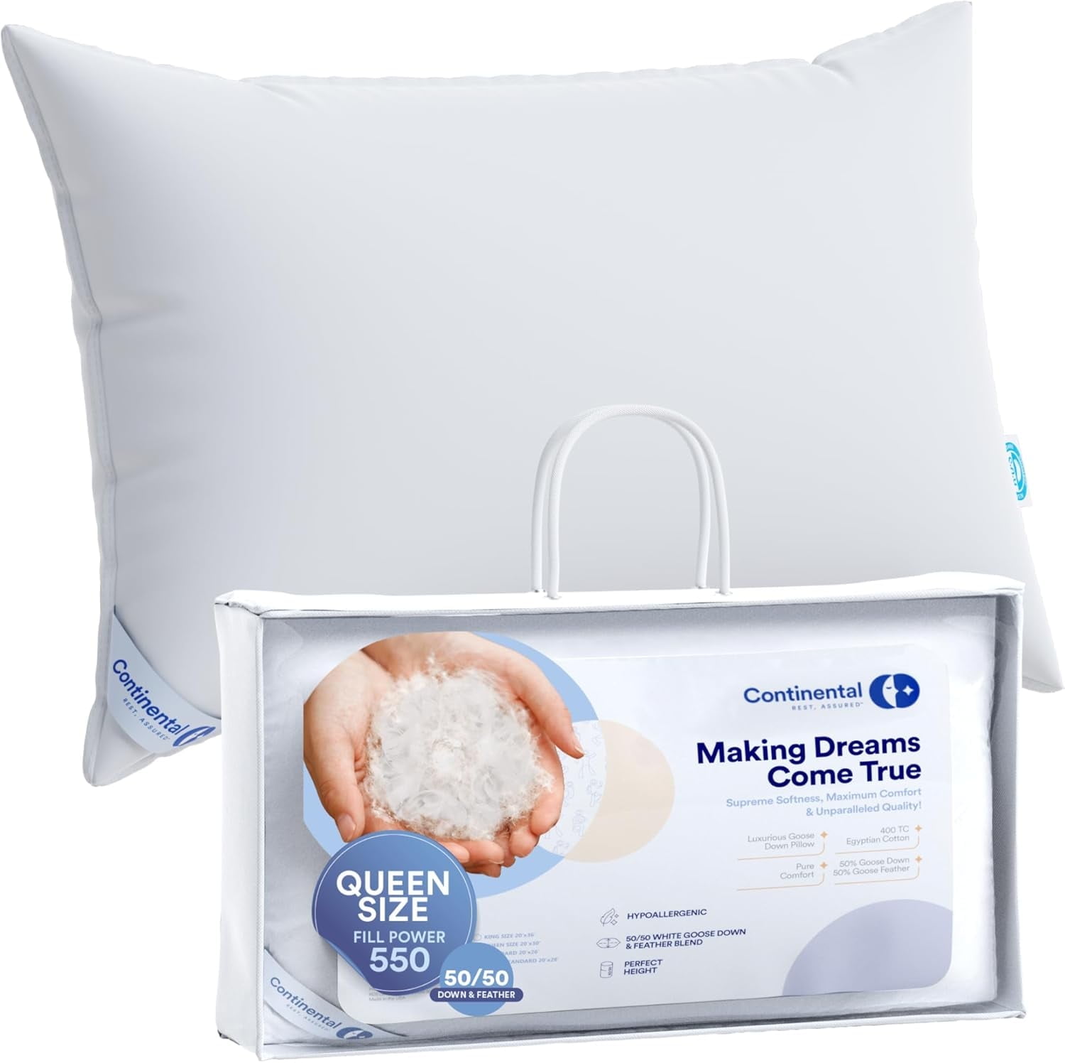 Queen Size White Cotton Hypoallergenic Down Feather Bed Pillow