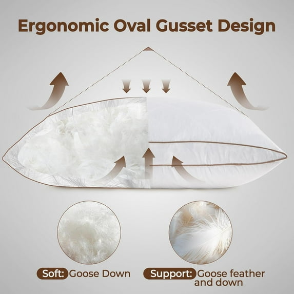 Goose Down Feather Pillows, Pillows King Size Set of 2, Soft Cotton Cover Bed Pillows, Hotel Pillow for Back, Stomach or Side Sleepers