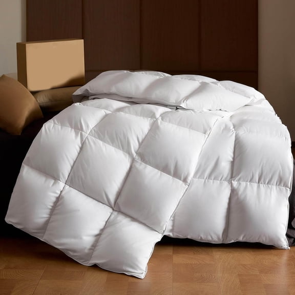 Goose Down Fiber Comforter All-Season Duvet Insert, High Fill Power, Ultra Soft Cotton, Box-Stitched, Breathable, Lightweight Luxurious Bedding