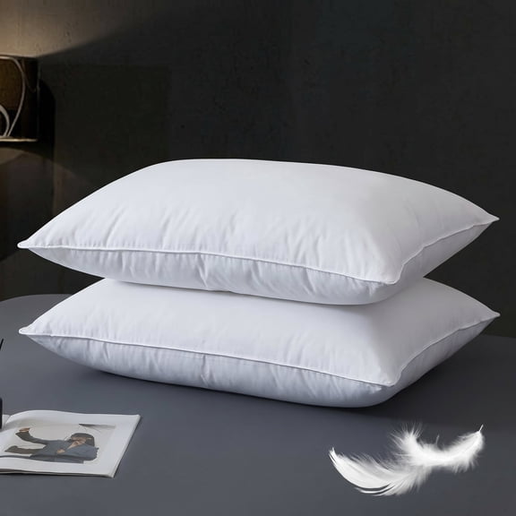 Goose Down Pillows Queen Size Set of 2, Luxury Hotel Bed Pillows, Fluffy Soft Feather Down Pillow for Back, Stomach or Side Sleepers