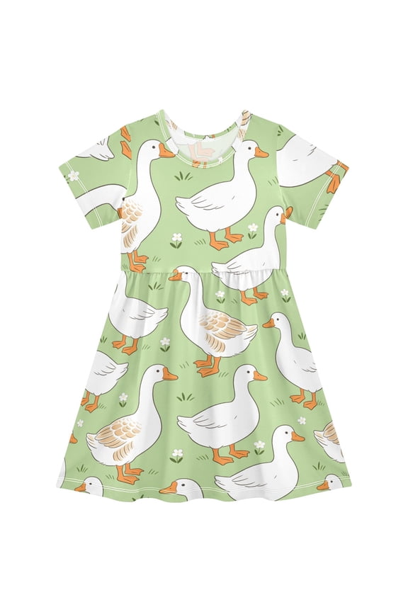 Goose Duck Flower Pattern Girls Short Sleeve Dress A Line Sun Protection Breathable Comfort Sundress 2T
