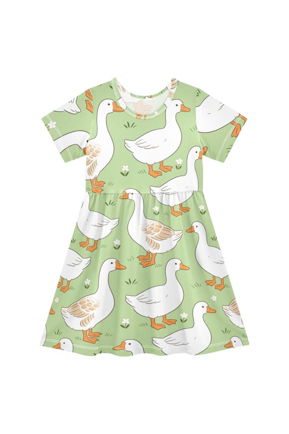 Goose Duck Flower Pattern Girls Short Sleeve Dress A Line Sun Protection Breathable Comfort Sundress 3T