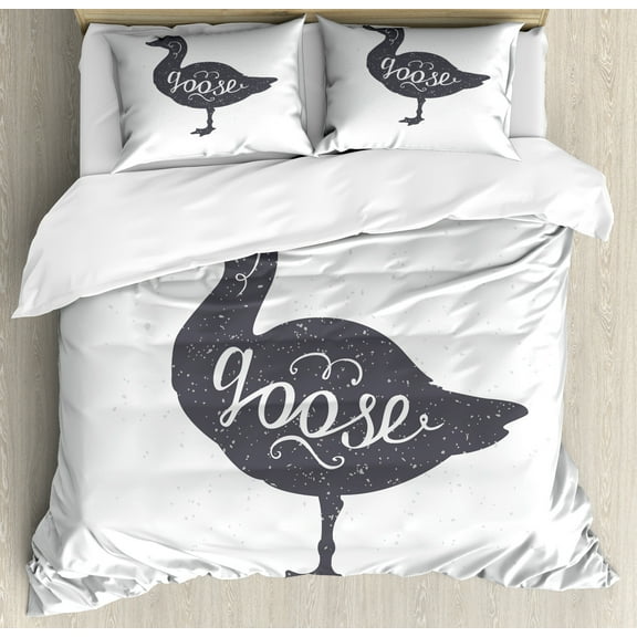 Goose Duvet Cover Set, Calligraphic Design of a Single Animal Silhouette on a Plain Background, Decorative 3 Piece Bedding Set with 2 Pillow Shams, Queen Size, Purpleblue and White, by Ambesonne