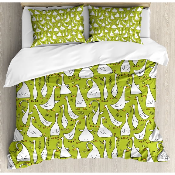 Goose Duvet Cover Set, Cartoon Style Funny Creatures Doing Different Things Theme, Decorative 3 Piece Bedding Set with 2 Pillow Shams, Calking Size, Apple Green Orange, by Ambesonne