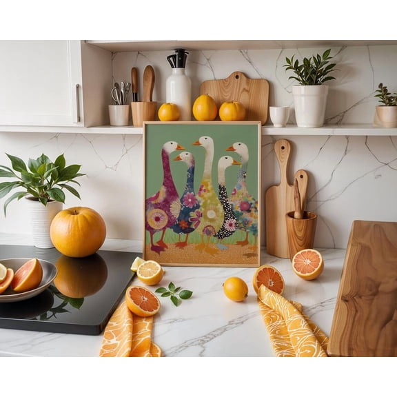 Goose Family Scene Poster Wall Art, Colorful Farm Animal Illustration For Playful Country Decor UNFRAMED Poster, Wall Art for Decor, Present, 24x36