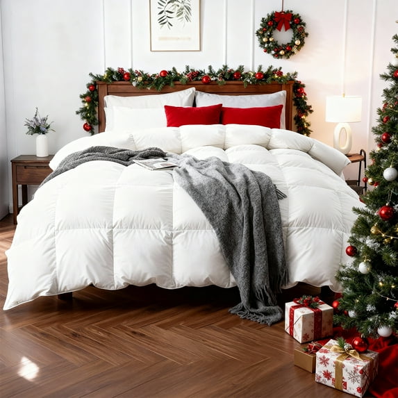Goose Feather Down Comforter Queen Size 100% Organic Cotton Shell,900 Fill Duvet (90x90,White)