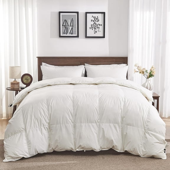 Goose Feather Down Fiber Comforter - 100% Organic Cotton Shell All Season Duvet Insert, Medium Warmth Hotel Luxury Bedding Comforter