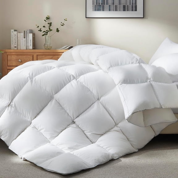 Goose Feather Down Fiber Comforter - All Season White Fluffy Duvet Insert - Luxurious Hotel Bedding - Ultra Soft Cotton Cover, Medium Warmth