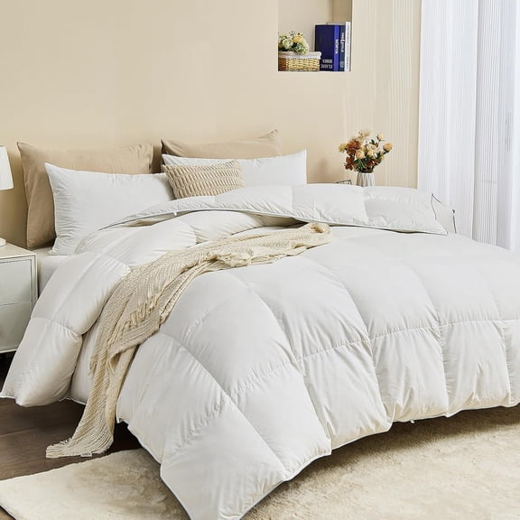 Goose Feather Down Fiber Comforter - Egyptian Cotton Blend Cover, All Season Fluffy Hotel Luxury Duvet Insert