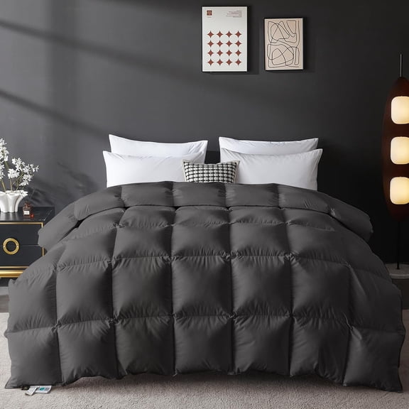 Goose Feather Down Fiber Comforter Full Size 100% Organic Cotton Cover 1200 Thread Count 750+ Fill Power Heavyweight Grey