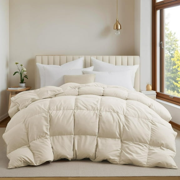Goose Feather Down Fiber Comforter King Size, All Season Duvet Insert with Soft Downproof Cover, Cloud-Like Fluffiness Bed Comforters with Corner Tabs (King, Cream, 88"X104")