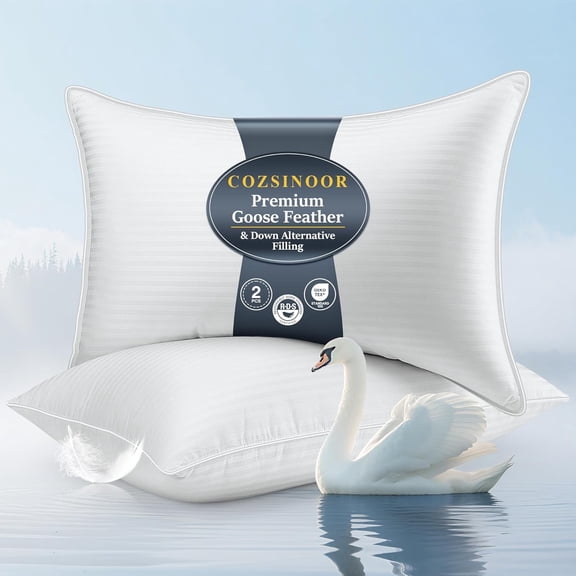 Goose Feather Pillows Queen Size Set of 2 - Hotel Down Bed Pillow for Sleeping, Soft 600 TC Cotton Cover, Fluffy Support Surround Fill Down Alternative for Back, Stomach, Side Sleepers