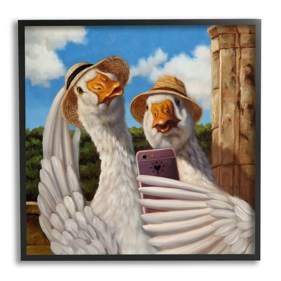 Goose Friends Selfie Scene Animals & Insects Painting Black Framed Art Print Wall Art