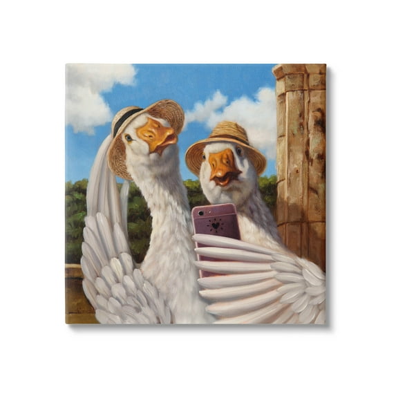 Goose Friends Selfie Scene Animals & Insects Painting Gallery Wrapped Canvas Print Wall Art